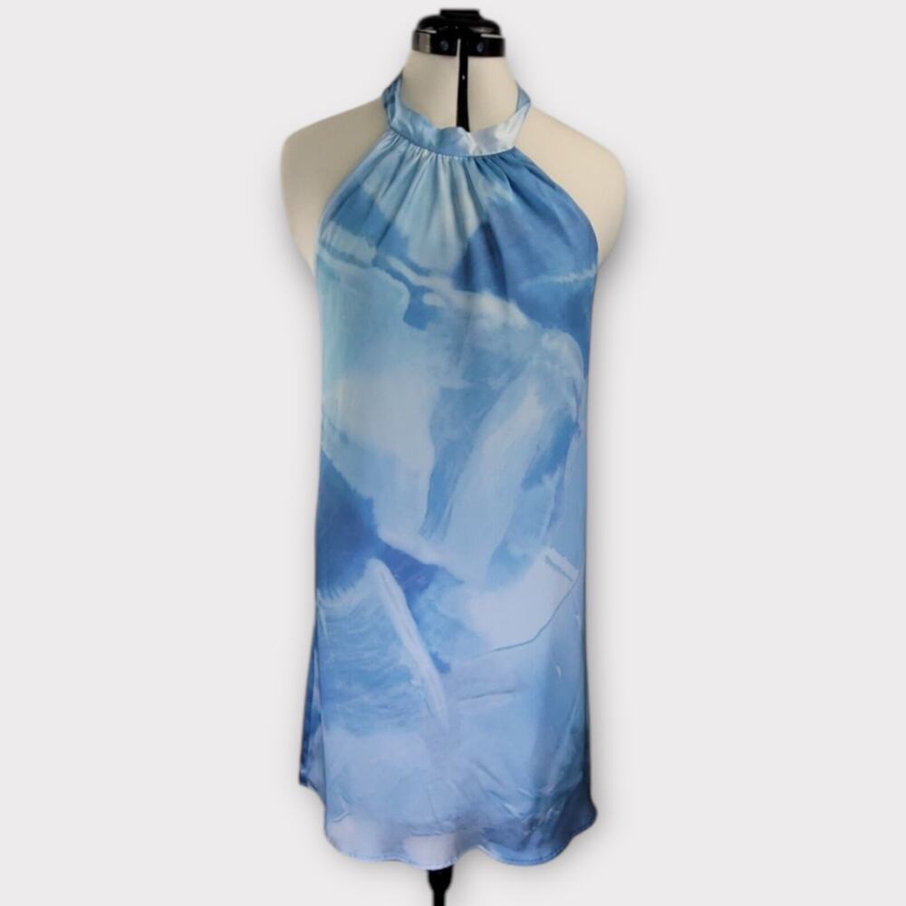 Kestan Halter Dress Small Blue Marble Print Satin Lightweight‎ Beachy Resort